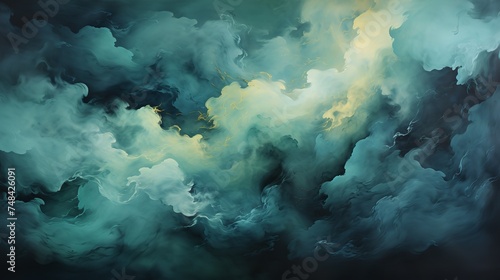 This abstract painting depicts clouds in the sky with smoke coming out of them. The clouds are white and puffy, and the smoke is black and wispy.