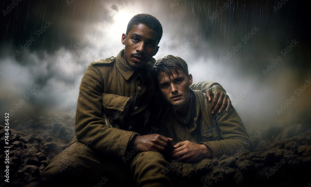 Two World War 1 (WW1) soldiers of mixed race (African and Caucasian) offer mateship and support to each other in a sombre moment on the battlefield. Lest we forget.