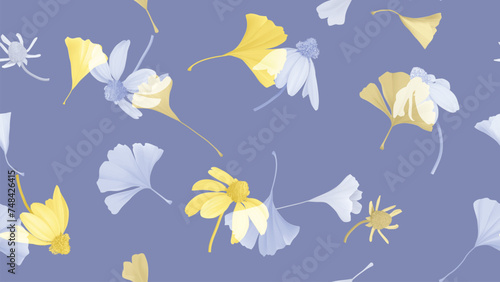 Seamless pattern of Cutleaf coneflower and ginkgo leaves with yellow and blue...