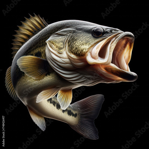 Bass fish isolated on black, Large mouth bass jumping out of the water, Fishing, Largemouth Bass Jumping, hunting Portrait, Bass hunts the bait.