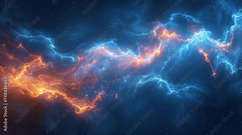 Abstract energy background with intertwining blue and orange lightning bolts. Abstract energy background with intertwining blue and orange lightning bolts.