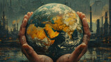 Hands holding a vibrant Earth with a futuristic cityscape background, symbolizing environmental care and sustainability.