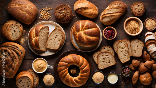 "Aerial Perspective: Abundant Display of Various Whole Wheat Breads on the Table. Perfect for Thanksgiving, Healthy Living and Vegetarian Events , Farmers' Markets, Brunch, Healthy Eating Websites.
