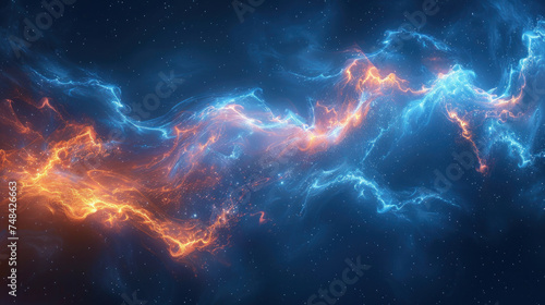 Abstract energy background with intertwining blue and orange lightning bolts.