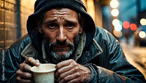 A man's eyes implore passersby as he holds out a cup for aid, his plight underscored by the city's indifference. His rugged face tells a story of life's unyielding hardships. photo