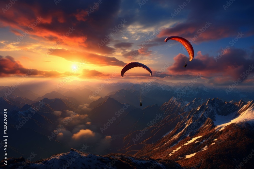 Spectacular Paragliders mountains sunset background. Extreme sport. Generate Ai - obrazy, fototapety, plakaty 