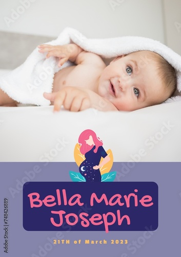 Composition of bella marie joseph text with birth date over caucasian baby on purple background