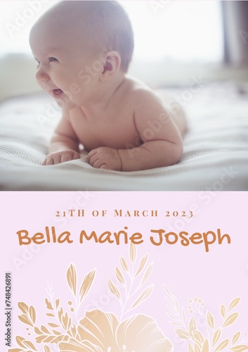 Composition of bella marie joseph text with birth date over caucasian baby on pink background