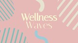 Wellness waves text in yellow with abstract white and blue lines on pink background