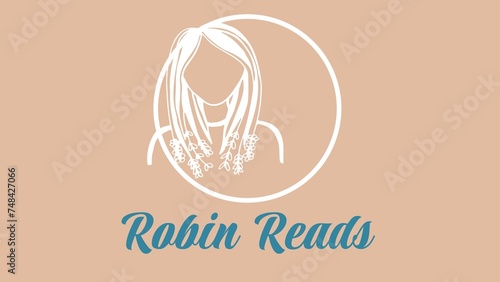 Robin reads text in blue and faceless woman with long hair in white circle on brown background