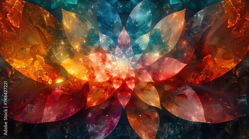 Abstract colorful lotus flower with fractal elements, suitable for spiritual themes and background use. - obrazy, fototapety, plakaty 
