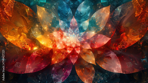 Abstract colorful lotus flower with fractal elements, suitable for spiritual themes and background use. photo