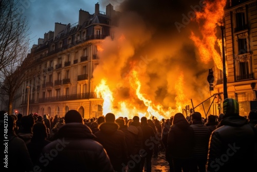 Chaotic Paris demonstration fire. Reform pension. Generate Ai photo