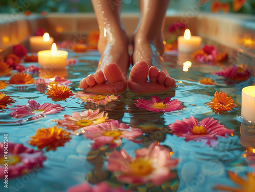 Relaxing spa concept with feet surrounded by floating flowers and candles in tranquil water.