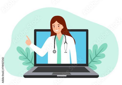 Online doctor concept vector illustration. Online medical consultation and support. Healthcare service. Family female doctor with stethoscope on the computer screen.