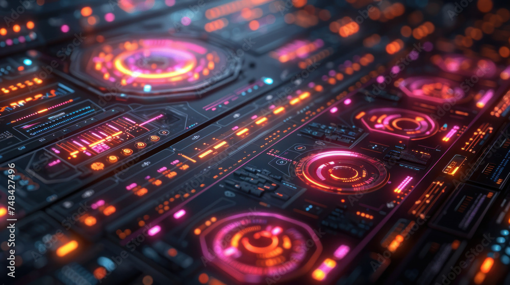 Futuristic circuit board with glowing neon lights, representing advanced technology and modern electronics.