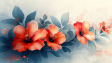 Elegant floral design with vibrant red flowers and blue leaves on a soft, pastel background.