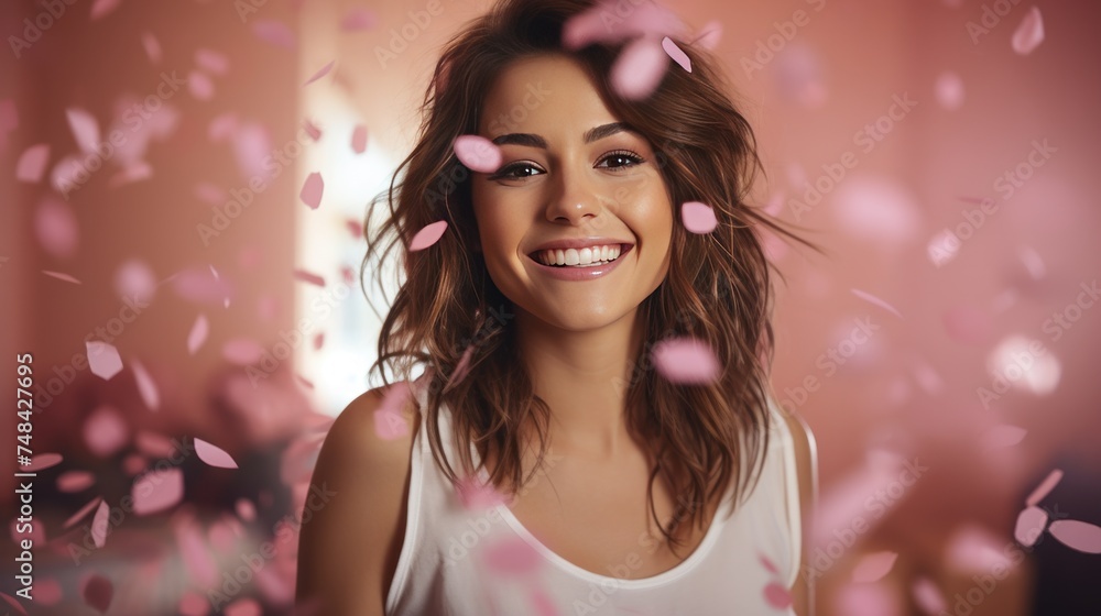 Portrait of a beautiful young woman with flying confetti over pink background