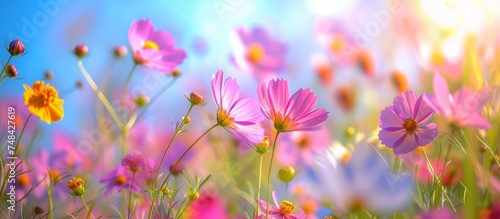 Breathtaking field of colorful flowers under radiant sunlight in nature's beauty © 2rogan