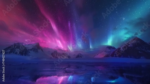 The frigid air of the Arctic mountains is illuminated by a stunning display of the Aurora Borealis mirroring the intense colors of the night sky above.