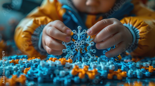 Child in orange jacket playing with blue and orange interlocking plastic toys on a table. photo