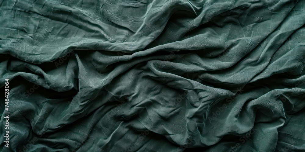 Abstract  dark green and wrinkled fabric weave of cotton or linen satin fabric lies texture background.
