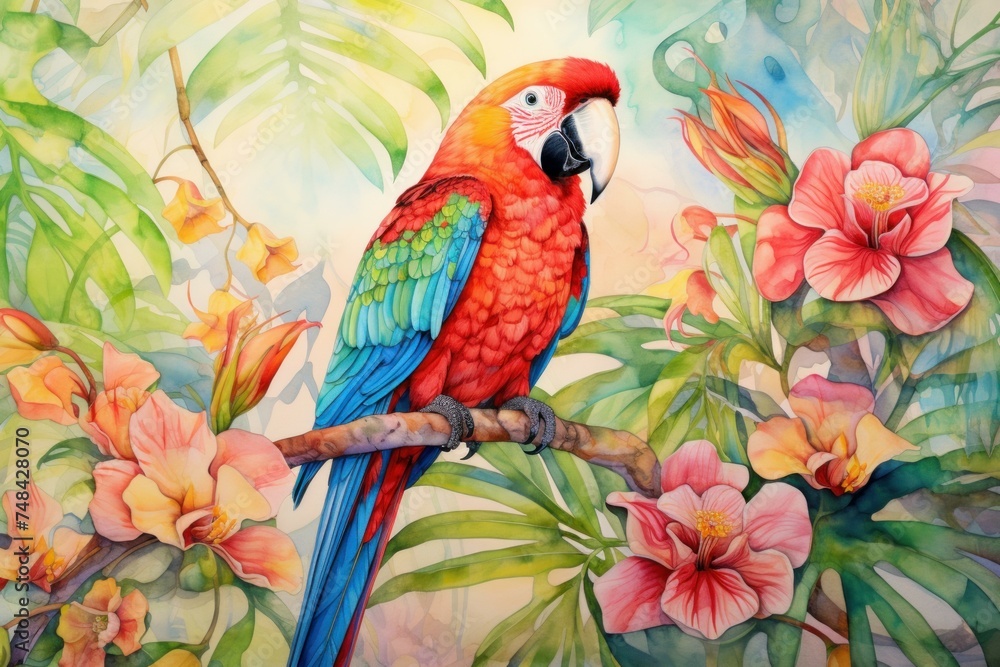 Fototapeta premium Vibrant Parrot macaw tropical island closeup head. Zoo red wing pet portrait. Generate Ai