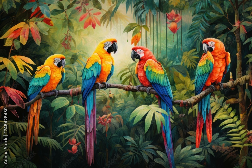 custom made wallpaper toronto digitalExotic Forest jungle parrots. Red blue birds. Generate Ai