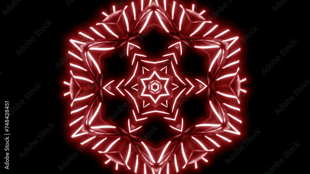 Symmetrical pattern with neon starry kaleidoscope. Design. Mirror reflection of repeating star or flower structure.