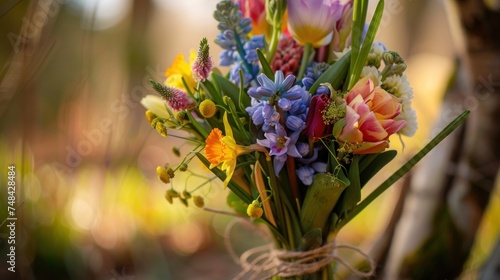 Wallpaper Mural A close-up shot of a hand-tied bouquet featuring spring blooms like tulips, daffodils, and hyacinths. The vibrant colors of the flowers stand out against a soft, blurred background. Torontodigital.ca