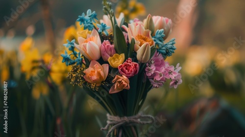Wallpaper Mural A close-up shot of a hand-tied bouquet featuring spring blooms like tulips, daffodils, and hyacinths. The vibrant colors of the flowers stand out against a soft, blurred background. Torontodigital.ca