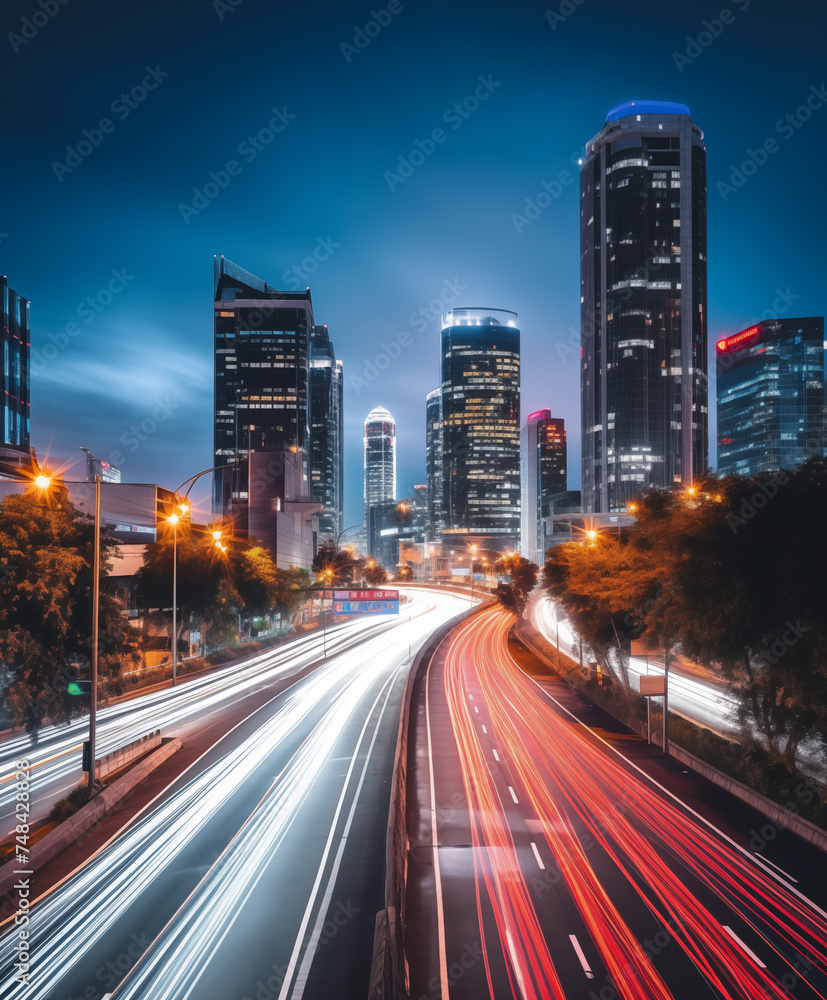 Obraz premium Road light in city, night megapolis highway lights of cityscape , megacity traffic with highway road motion lights, long exposure photography. 