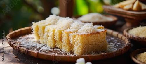 Delicious coconut cake on a white plate topped with fresh coconut flakes for a tropical dessert treat