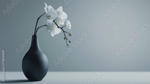A single, flawless white orchid in a slender, matte black vase, positioned against a pale gray background. photo