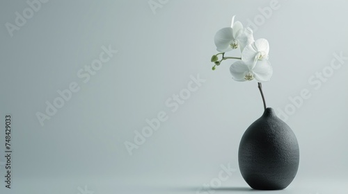 A single, flawless white orchid in a slender, matte black vase, positioned against a pale gray background.