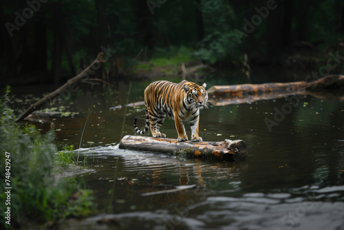 A tiger on a floating log over a river in nature.