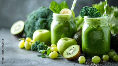 Glass jar mugs with green health smoothie, kale leaves, lime, apple, kiwi, grapes, banana, avocado, lettuce. Copy space. Raw, vegan, vegetarian, alkaline food concept. Banner.