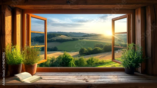 Window and book with a view at sunrise. Seamless looping time-lapse 4k video animation background
