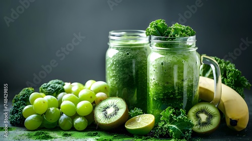 Glass jar mugs with green health smoothie  kale leaves  lime  apple  kiwi  grapes  banana  avocado  lettuce. Copy space. Raw  vegan  vegetarian  alkaline food concept. Banner.