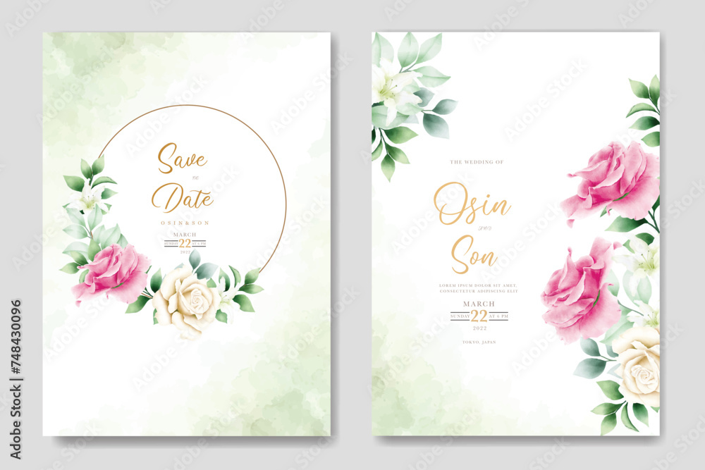 wedding invitation card with floral roses watercolor 