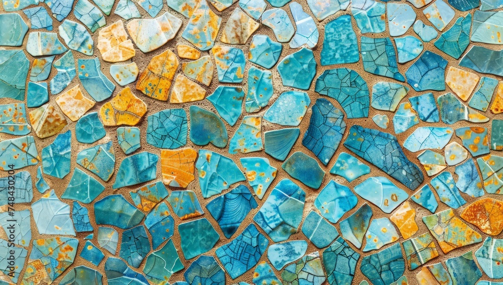 Detailed view of a colorful mosaic tile wall, showcasing intricate patterns and textures created by small tiles placed closely together.