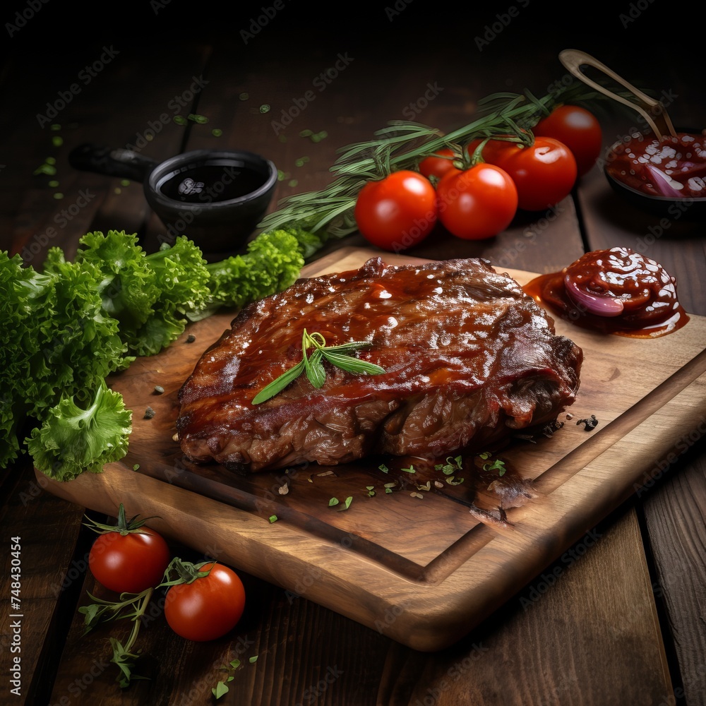 Grilled steak with vegetables. Cooked meat with sauce on a wooden table. Grilled steak with vegetables. Cooked meat with sauce on a wooden table.