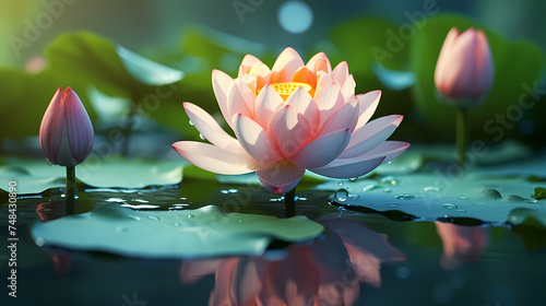Gorgeous water lilies with space for text, tranquil nature background design