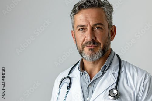 mid-life male doctor in scrubs and uniform, expertly attending to patients with professionalism and care