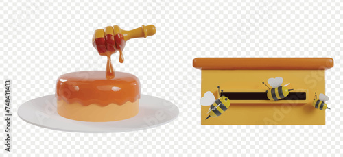 Honey and Bee 3d icons render clipart for UI UX, landing page, illustration, or buttons.