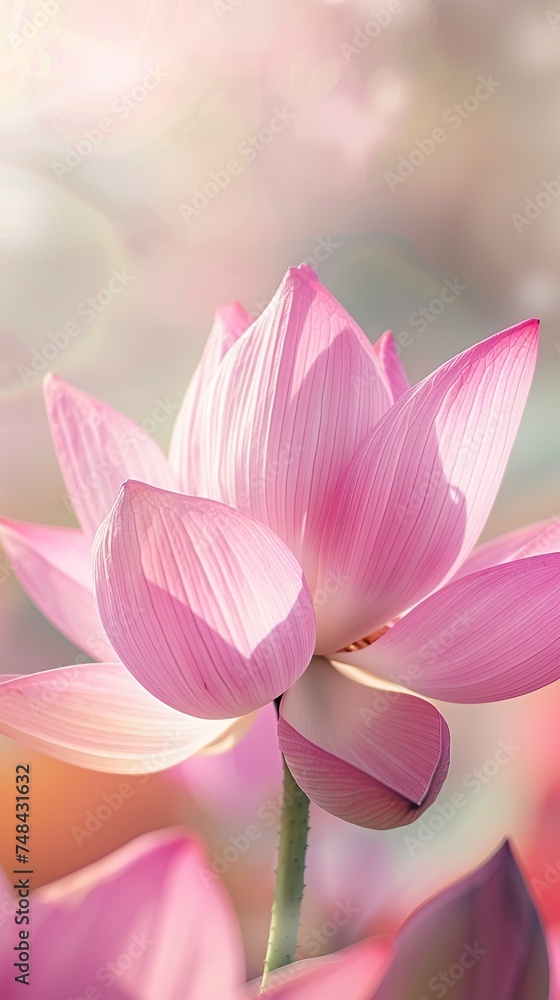 Close-up of a delicate lotus flower petal against a blurred background bathed in sunlight. Lotus petal with graceful texture and soft tone of natural beauty.