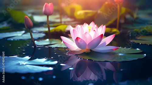 Gorgeous water lilies with space for text, tranquil nature background design