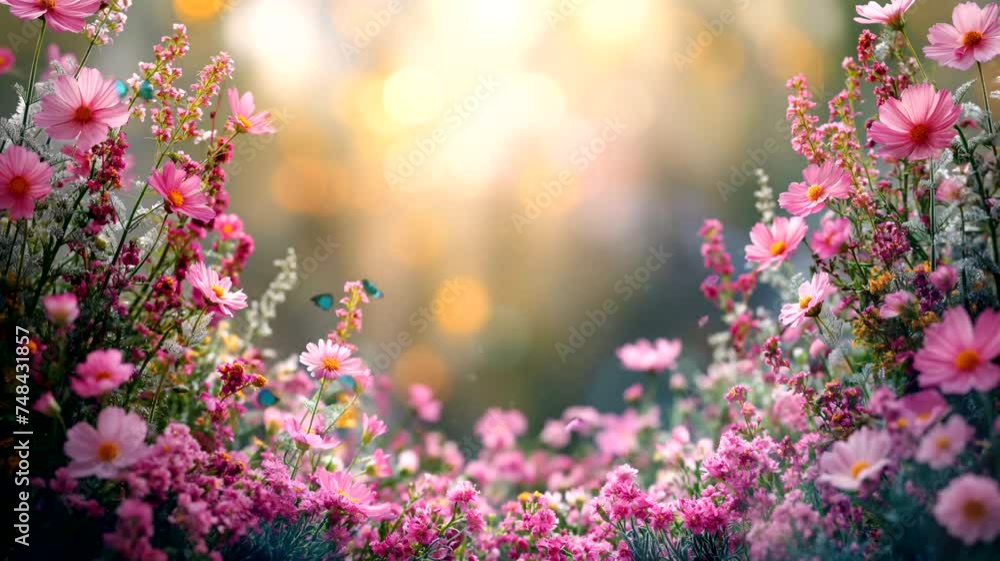 Flowers in the garden with butterflies at sunrise. Seamless looping time-lapse 4k video animation background