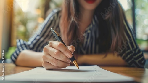 Businesswoman writing on paper while sitting in cafe, sign a letter or document. photo