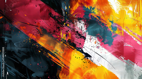 Dynamic abstract painting with splashes of red, yellow, and black, ai generated